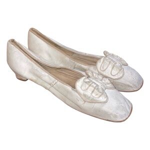 RARE Antique Edwardian Late 1800s Leather Bow Wedding Bridal Heeled Slippers 7.5